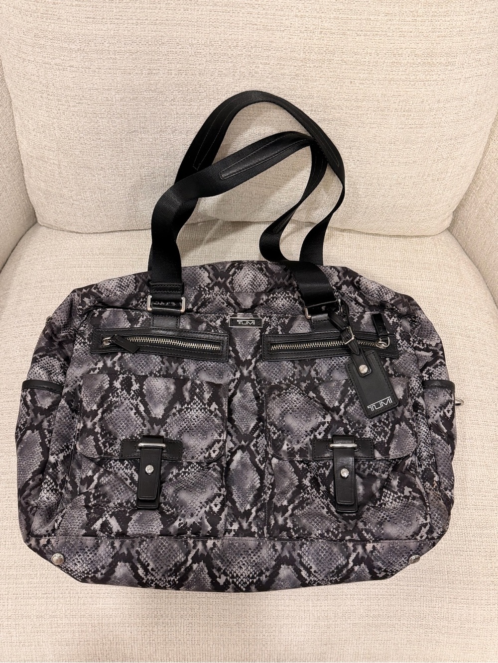 Tumi Gray Black Snake-Print Tote with Dual Front Pockets